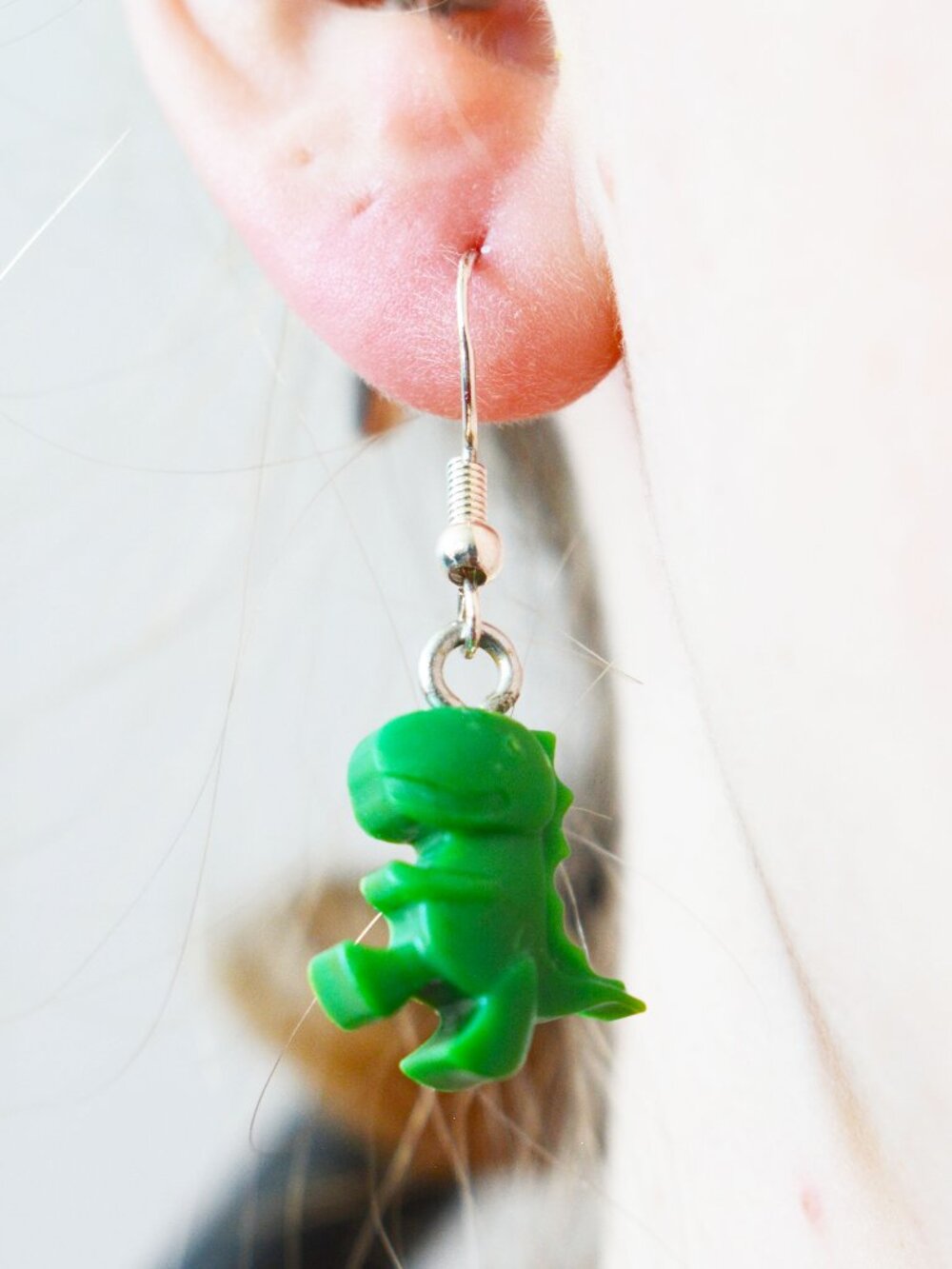 Handmade Green HDPE T-Rex Dinosaur Dangle Earrings Recycled Jewelry - Picture 4 of 4
